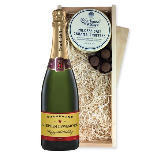 Personalised Champagne - Red Star Label And Milk Sea Salt Charbonnel Chocolates Box